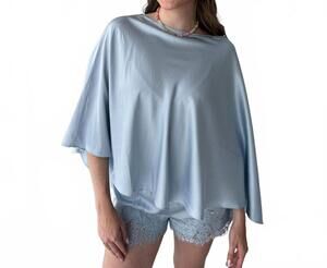 NEW LOUCIA draped poncho and lace-trim short set in blue